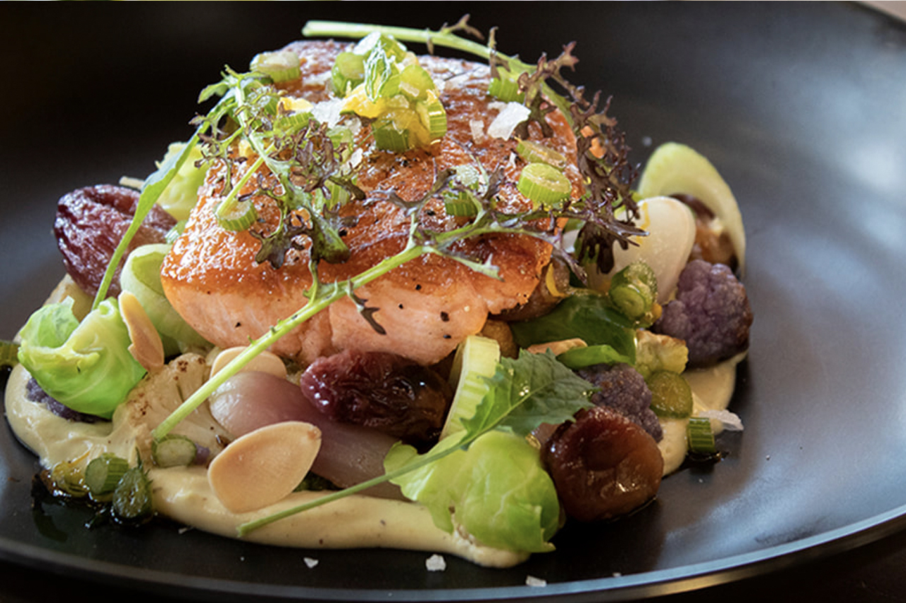 Mt. Lassen Trout with Cauliflower, Brussels Sprouts, Radish, Grapes and Almonds - Royal Hawaiian Sea